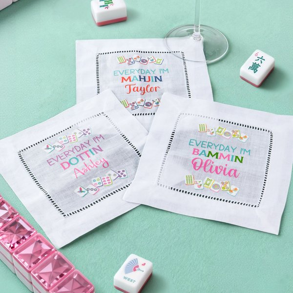 Personalised Multicolour Mahjong Design Linen Cocktail Napkin with Name Set of 4 Party Home Decor Birthday Gift for Family Friends Mahjong Lovers