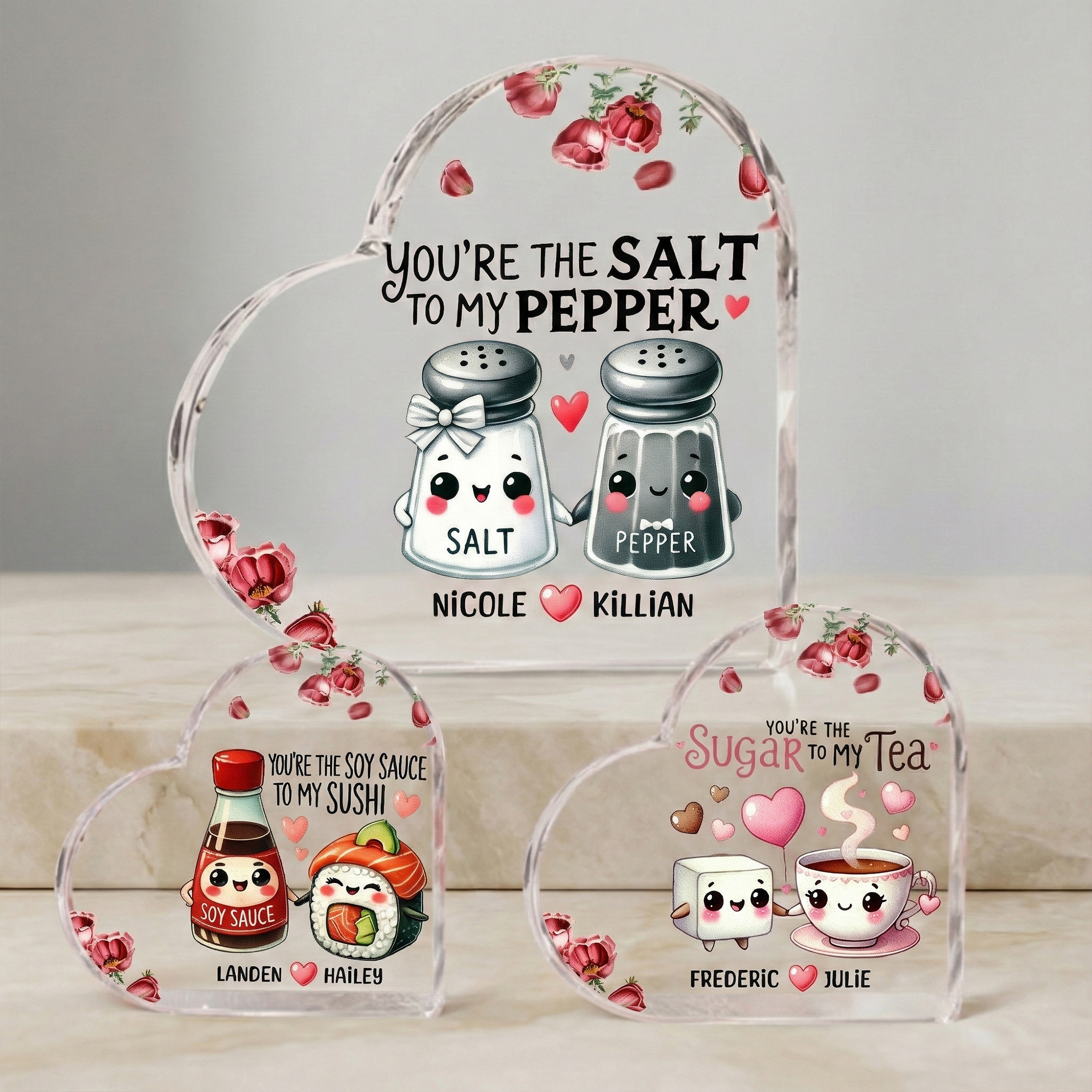 Plaque Acrylique Personnalisée Rose Match Foodie Couple Coeur avec Noms Décoration de Salle à Manger Cadeau d'Anniversaire de Saint Valentin pour les Couples