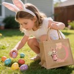 Personalized Easter Bunny Birth Flower Jute Tote Bag with Name and Initial Egg Hunting Party Easter Gift for Boys Girls