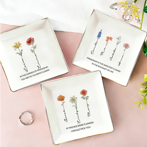 Personalised Crystal Birth Flower Ceramic Trinket Jewellery Dish with Name and Text Daily Use Birthday Gift for Friend Couple Bride