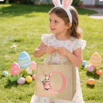 Personalized Easter Bunny Birth Flower Jute Tote Bag with Name and Initial Egg Hunting Party Easter Gift for Boys Girls