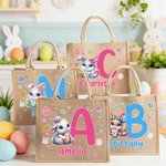 Personalized Cute Cartoon Easter Bunny Large Jute Tote Bag with Name and Initial Easter Gift for Kids Family Friends