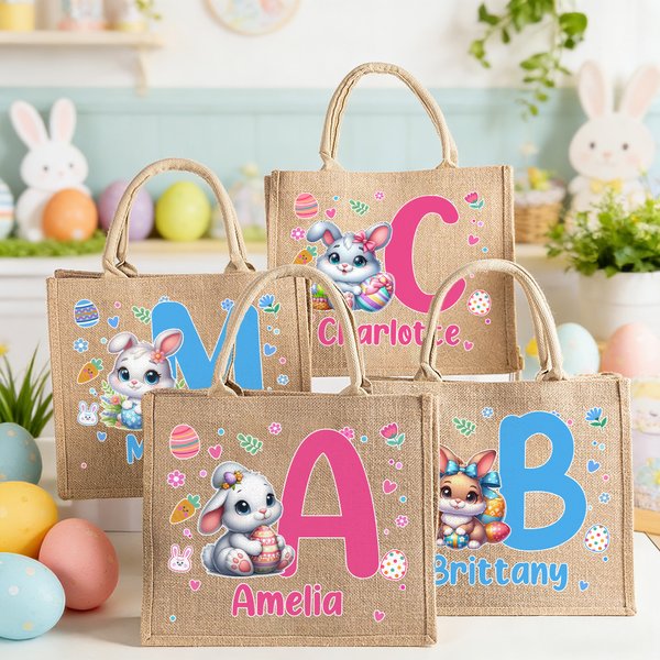 Personalized Cute Cartoon Easter Bunny Large Jute Tote Bag with Name and Initial Easter Gift for Kids Family Friends