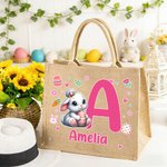 Personalized Cute Cartoon Easter Bunny Large Jute Tote Bag with Name and Initial Easter Gift for Kids Family Friends