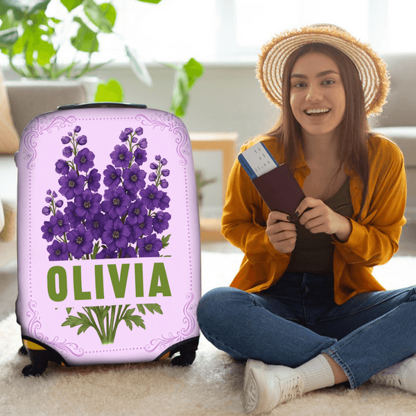 Personalized Multicolor Birth Flower Luggage Cover Fits 18-32 Inches Suitcase with Name Travel Accessories Birthday Gift for Women Girls