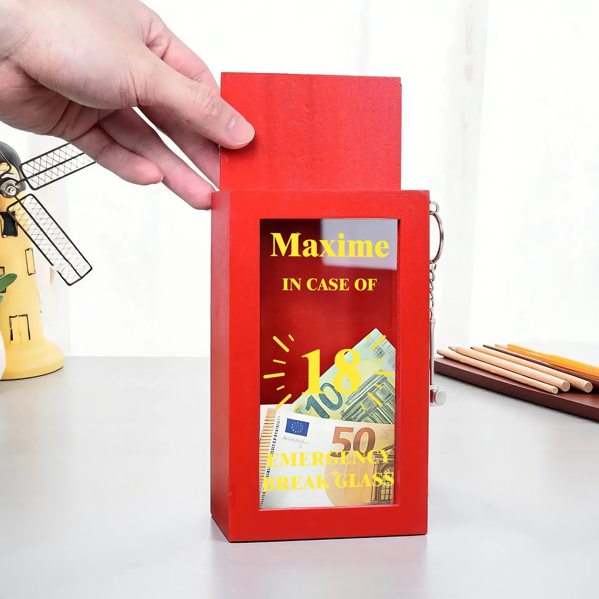 Tirelire en bois personnalisée avec nom, texte, âge et marteau Cadeau d'anniversaire pour enfants, amis et pompiers