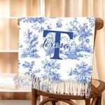 Personalized Toile De Jouy Floral Initial Name Soft Warm Scarf with Tassel Winter Accessory Anniversary Birthday Gift for Women