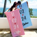 Personalized Heart-Patterned Quick-Dry Microfiber Couple Beach Towel with Name and Date Valentine's Day Gift for Couples Married Couples