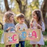 Personalized Cute Cartoon Easter Bunny Large Jute Tote Bag with Name and Initial Easter Gift for Kids Family Friends