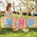 Personalized Cute Cartoon Easter Bunny Large Jute Tote Bag with Name and Initial Easter Gift for Kids Family Friends
