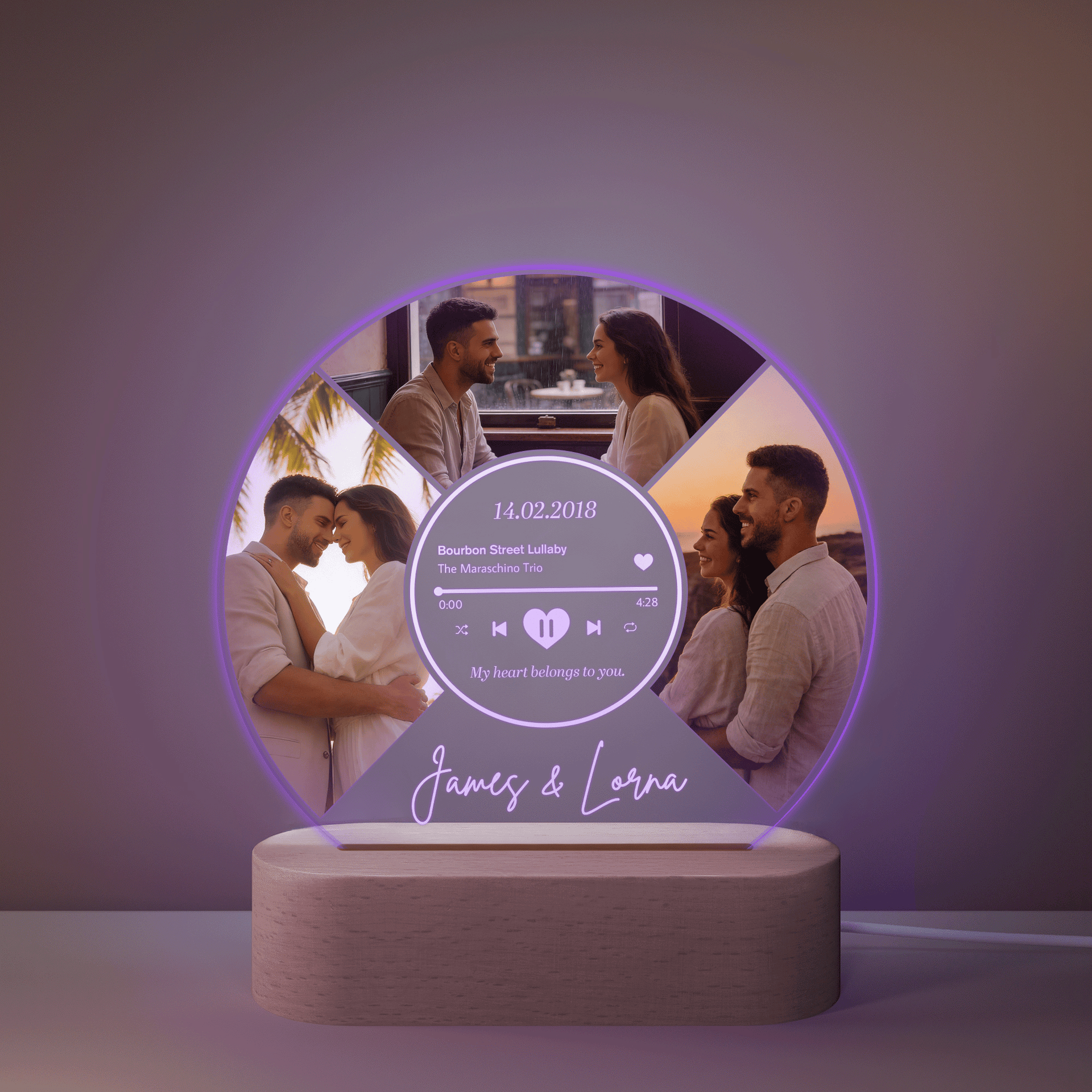 Personalized 2-4 Couple Photos Music Player LED Night Light with Names and Wooden Base Home Decor Valentine's Day Anniversary Birthday Gift for Couple