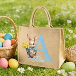 Personalized Easter Bunny Birth Flower Jute Tote Bag with Name and Initial Egg Hunting Party Easter Gift for Boys Girls