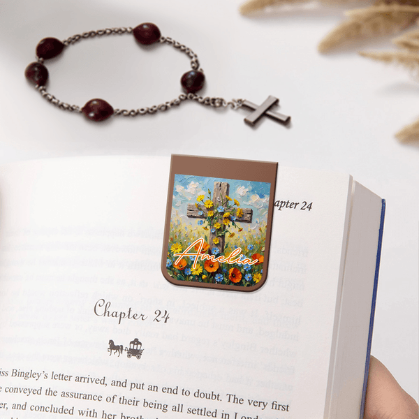 Personalized Oil Painting Style Flower Cross Magnetic Bookmark Clip with Name Birthday Reading Gift for Christian Bookworms