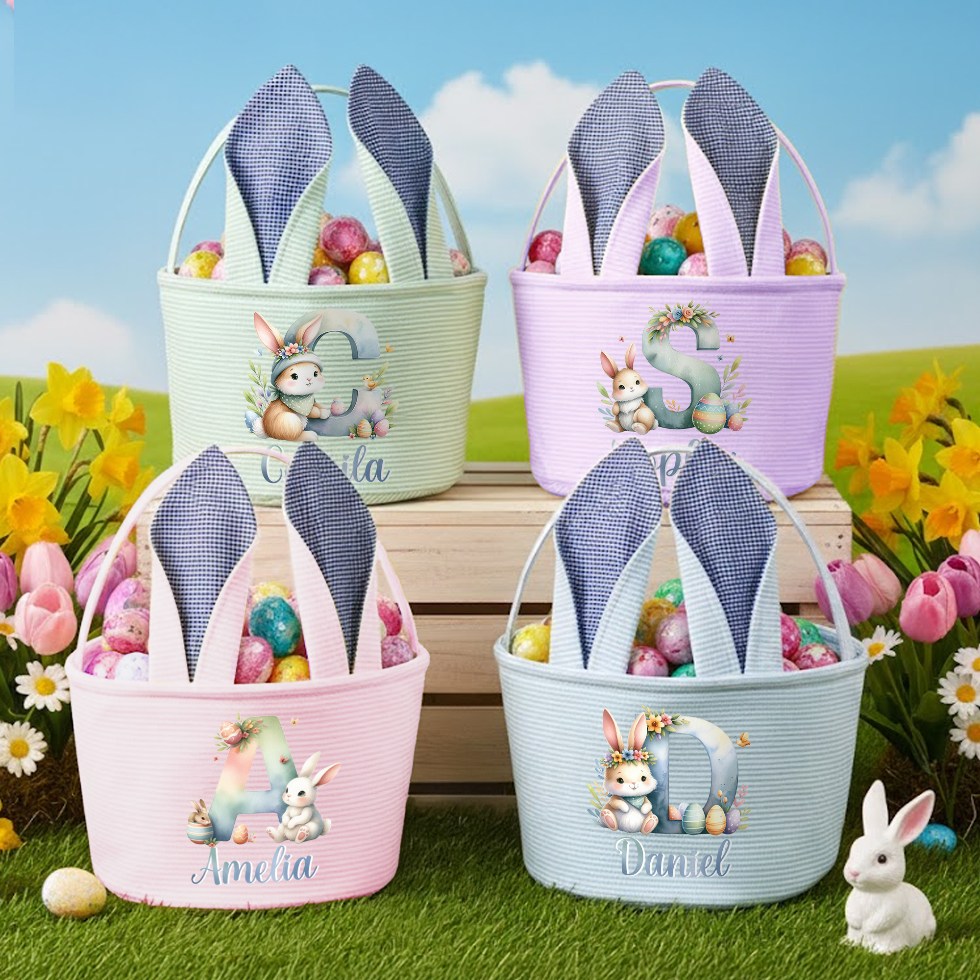 Panier de Pâques à rayures personnalisé avec initiale de lapin mignon et nom - Cadeau favori de fête pour enfants