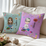 Personalized Birth Flower Cartoon Character Soft Throw Pillow Cover with Name Mother's Day Birthday Gift for Women Knitting Lovers