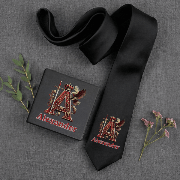 Personalised Knight Badge Initial Tie with Name Anniversary Birthday Father's Day Gift for Man