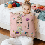Personalized Birth Flower Cartoon Character Soft Throw Pillow Cover with Name Mother's Day Birthday Gift for Women Knitting Lovers