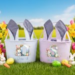 Personalized Cute Rabbit Initial Striped Easter Basket with Name and Bunny Ears Easter Party Favor Eggs Hunting Gift for Kids