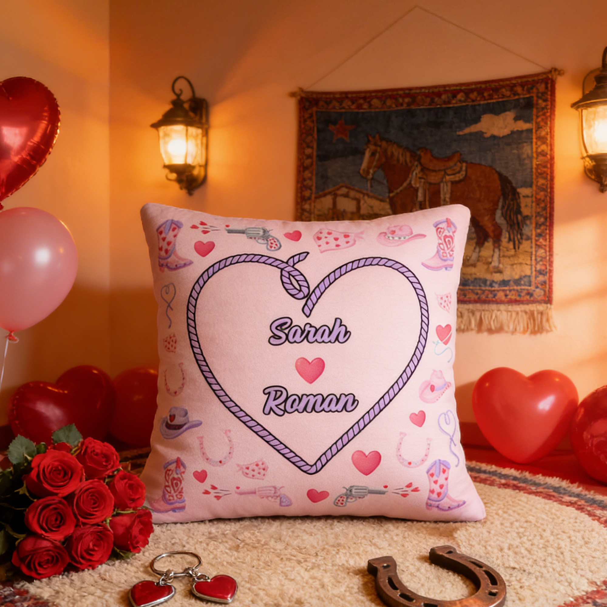 Taie d'oreiller personnalisée en forme de coeur de cow-boy rose avec noms Décoration d'intérieur Anniversaire Saint-Valentin Cadeau de pendaison de crémaillère pour les couples