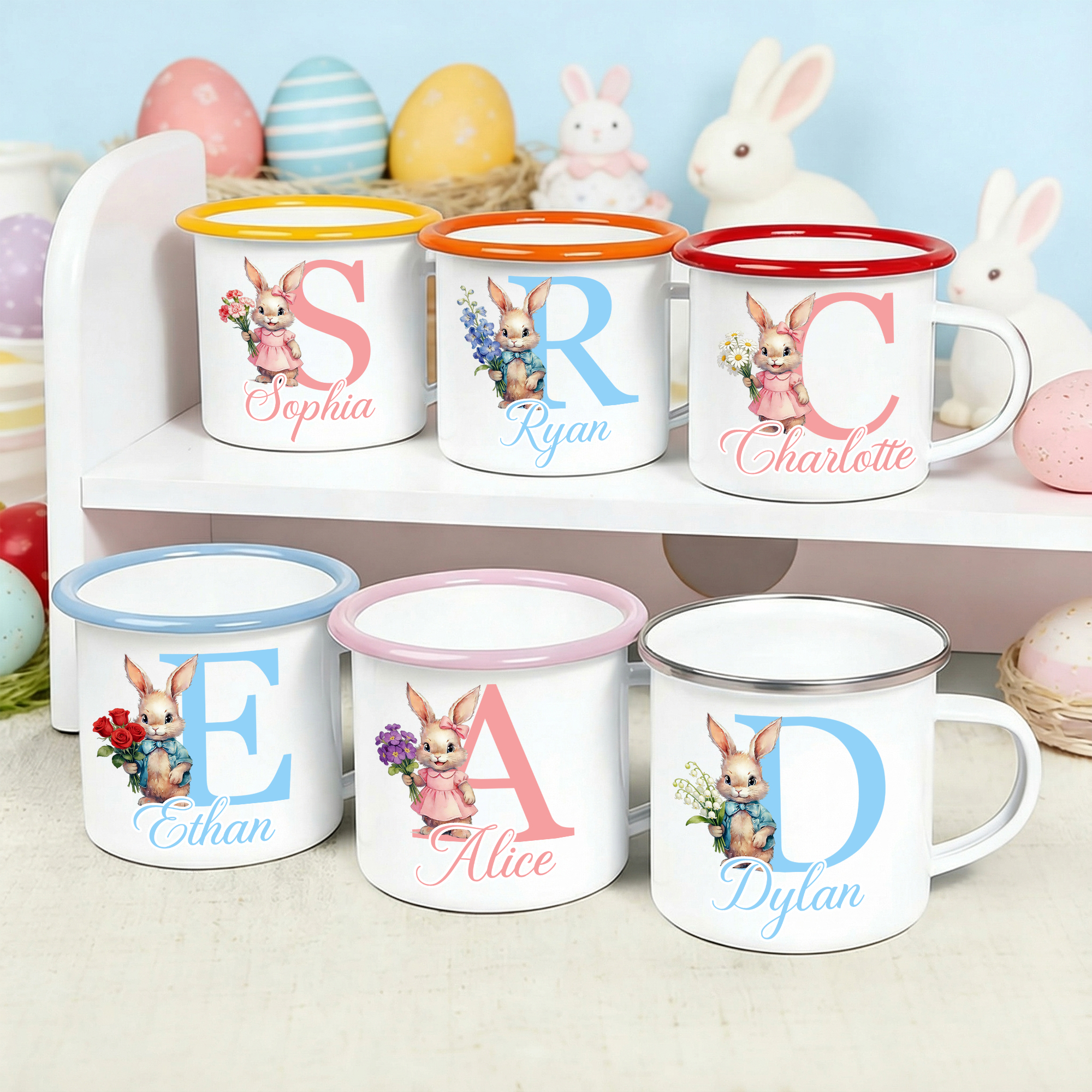 Tasse en émail coloré avec nom pour garçon et fille Cadeau de Pâques personnalisé