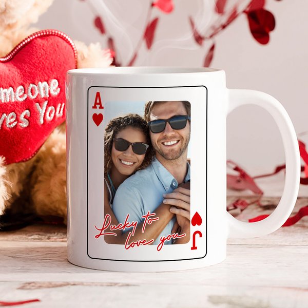 Personalized Red Heart Playing Card 11 oz 15 oz Ceramic Coffee Mug with Photo Initial and Text Valentine's Day Birthday Anniversary Gift for Couple