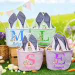 Personalized Bunny Onesie Cartoon Character Rabbit Ears Striped Easter Basket with Initial and Name Easter Party Favor Eggs Hunting Gift for Kids