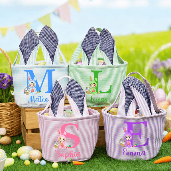 Personalized Bunny Onesie Cartoon Character Rabbit Ears Striped Easter Basket with Initial and Name Easter Party Favor Eggs Hunting Gift for Kids