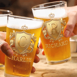 Personalised Golden Shield Initial 16 oz Beer Glass with Name Housewarming Birthday Gift for Family Beer Lover