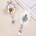 Personalized Bow Retro Frame Oil Painting Pet Photo Acrylic Badge Reel with Name Birthday Adopt Anniversary Daily Use Gift for Pet Owner Lover