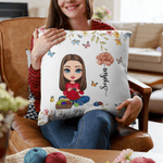 Personalized Birth Flower Cartoon Character Soft Throw Pillow Cover with Name Mother's Day Birthday Gift for Women Knitting Lovers