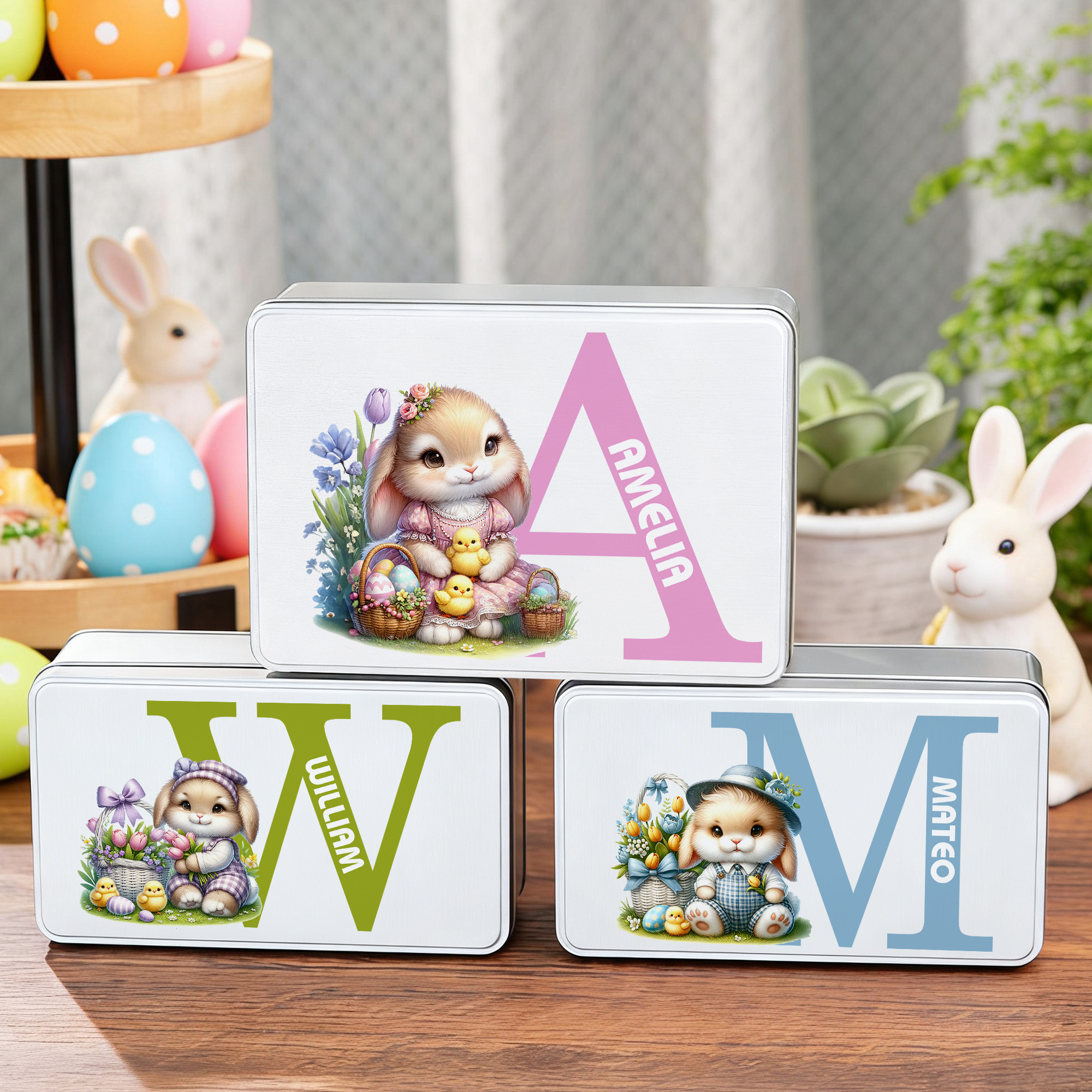 Boîte à biscuits en métal de qualité alimentaire avec nom Cadeau de Pâques pour la famille et les enfants