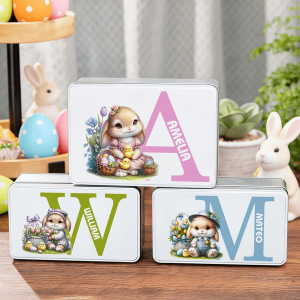 Personalised Cute Bunny Flowers Easter Eggs Initial Food Grade Metal Biscuit Tin Storage Box with Name Easter Holiday Gift for Family Kids