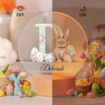 Gepersonaliseerd Aquarel Initiaal Paashaas Bloemen Eieren Acryl LED Nachtlampje met Naam en Houten Voet Decoratie Paas Cadeau voor Kinderen