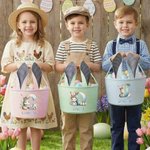 Personalized Cute Rabbit Initial Striped Easter Basket with Name and Bunny Ears Easter Party Favor Eggs Hunting Gift for Kids