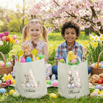 Personalized Watercolor Rabbit Flower Initial Bunny Ears Easter Basket with Name Easter Eggs Hunting Party Favors Gift for Boys Girls