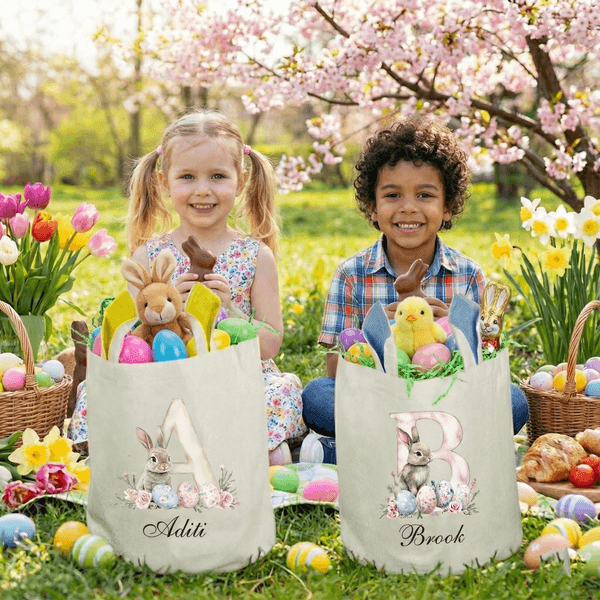 Gepersonaliseerde Waterverf Konijn Bloem Initiaal Bunny Oren Paasmand met Naam Paaseieren Jacht Feestartikelen Cadeau voor Jongens Meisjes