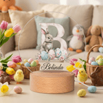 Gepersonaliseerd Aquarel Initiaal Paashaas Bloemen Eieren Acryl LED Nachtlampje met Naam en Houten Voet Decoratie Paas Cadeau voor Kinderen