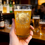 Personalised Golden Shield Initial 16 oz Beer Glass with Name Housewarming Birthday Gift for Family Beer Lover