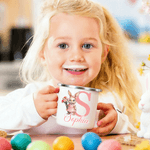 Gepersonaliseerde Cartoon Paashaas Geboorte Bloem Voorletter 12 oz Gekleurde Rand Emaille Mok met Naam Paasgeschenk voor Jongens en Meisjes