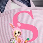 Personalized Bunny Onesie Cartoon Character Rabbit Ears Striped Easter Basket with Initial and Name Easter Party Favor Eggs Hunting Gift for Kids