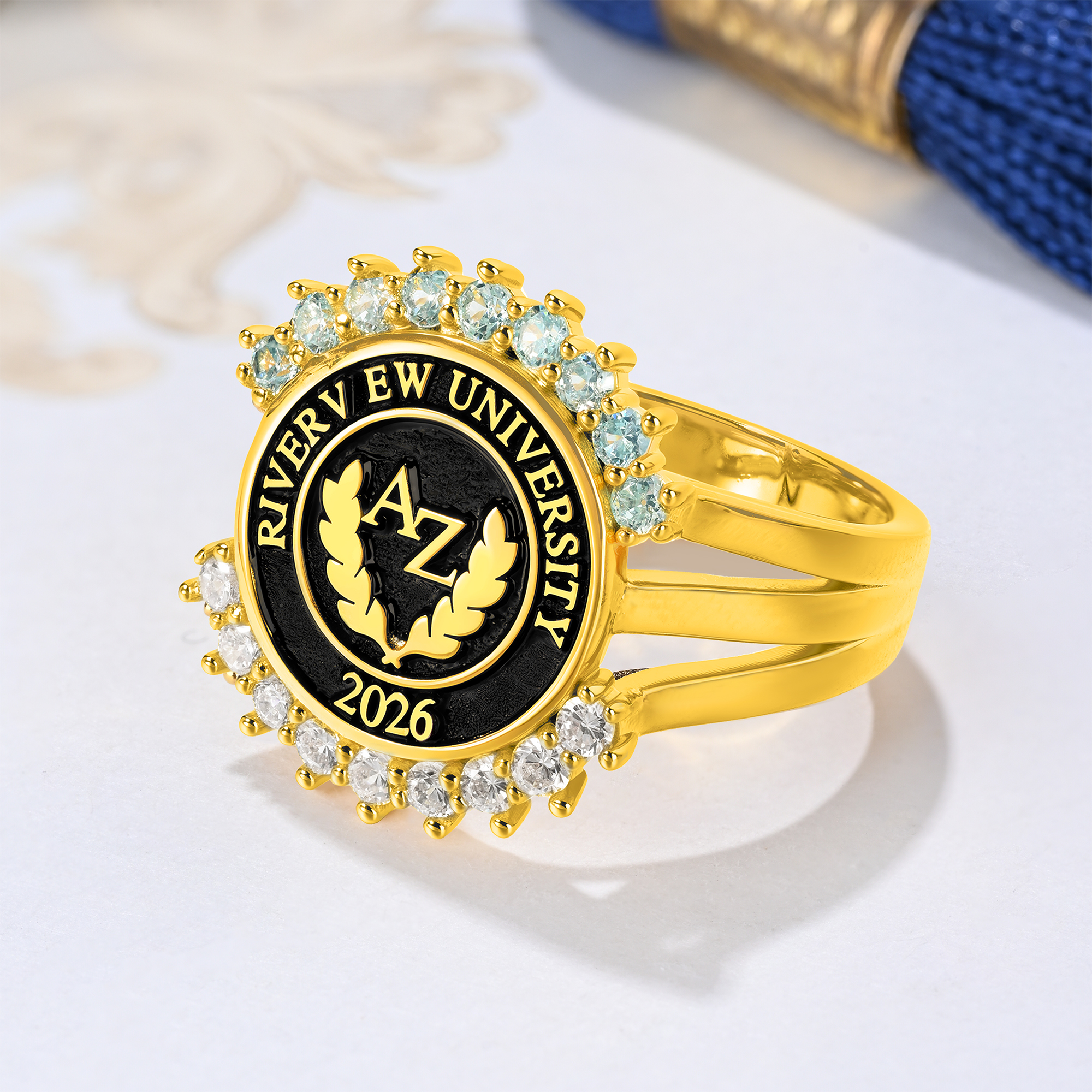 Bague personnalisée avec pierre de naissance, initiale, année et texte Cadeau de fin d'études pour les diplômés de l'université