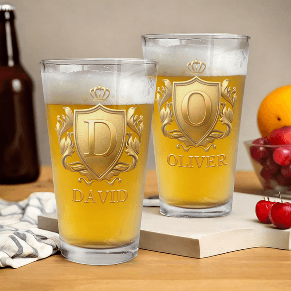 Personalised Golden Shield Initial 16 oz Beer Glass with Name Housewarming Birthday Gift for Family Beer Lover