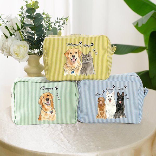 Personalized Hand-Painted Watercolor Style Pet Photo Makeup Bag with Name Daily Travel Birthday Gift for Pet Lovers Owners