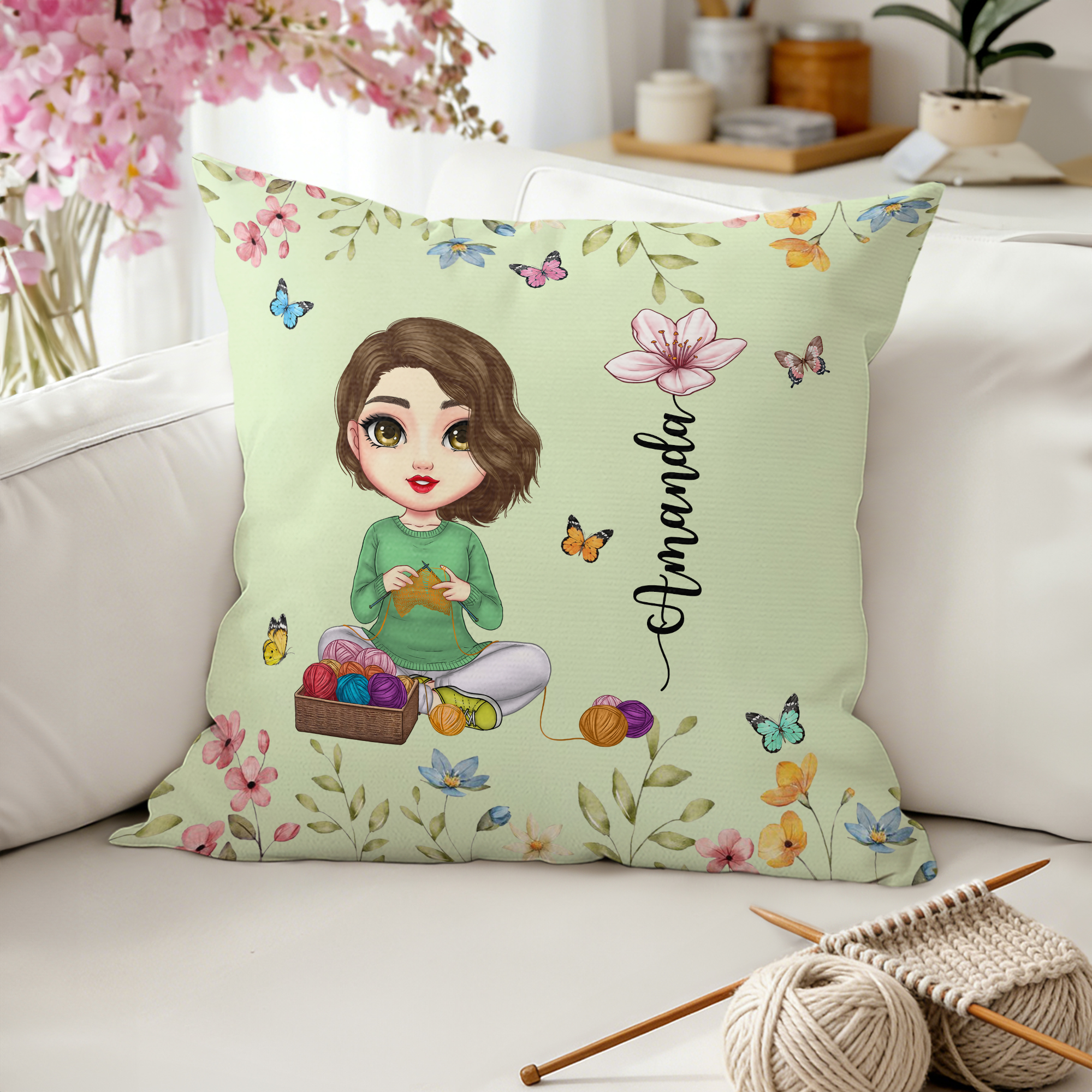 Taie d'oreiller personnalisée avec nom pour la fête des mères Cadeau d'anniversaire pour les femmes qui aiment le tricot