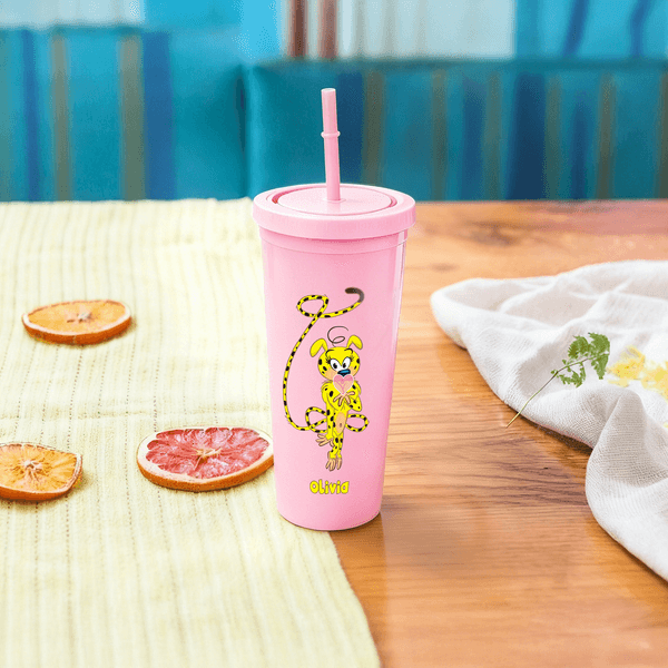 Personalized Long-Tailed Leopard Marsupilami 24 oz Pink Water Bottle with Straw Daily Use  Birthday Gift for Kids Friends | Callie × Marsupilami®