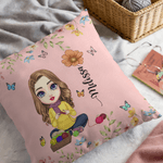 Personalized Birth Flower Cartoon Character Soft Throw Pillow Cover with Name Mother's Day Birthday Gift for Women Knitting Lovers