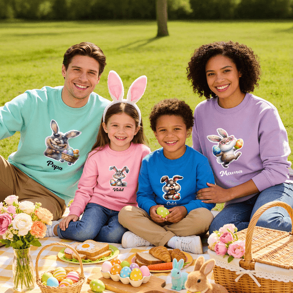 Personlig påsk tecknad kanin flerfärgad barn / vuxen T-shirt Sweatshirt med namn påsk födelsedagspresent för familj barn