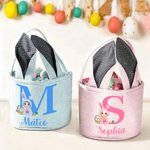 Personalized Bunny Onesie Cartoon Character Rabbit Ears Striped Easter Basket with Initial and Name Easter Party Favor Eggs Hunting Gift for Kids