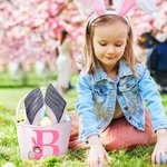 Personalized Bunny Onesie Cartoon Character Rabbit Ears Striped Easter Basket with Initial and Name Easter Party Favor Eggs Hunting Gift for Kids