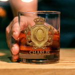 Personalised Vintage Crown Badge 3D Initial 10 oz Rock Whiskey Glass with Name Father's Day Birthday Gift for Man Bartender Whiskey Enthusiast